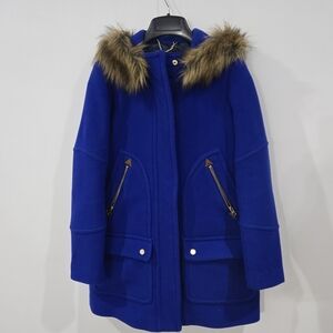 J. Crew Sz 0 Bright Blue Pea Coat with Faux Fur Collar